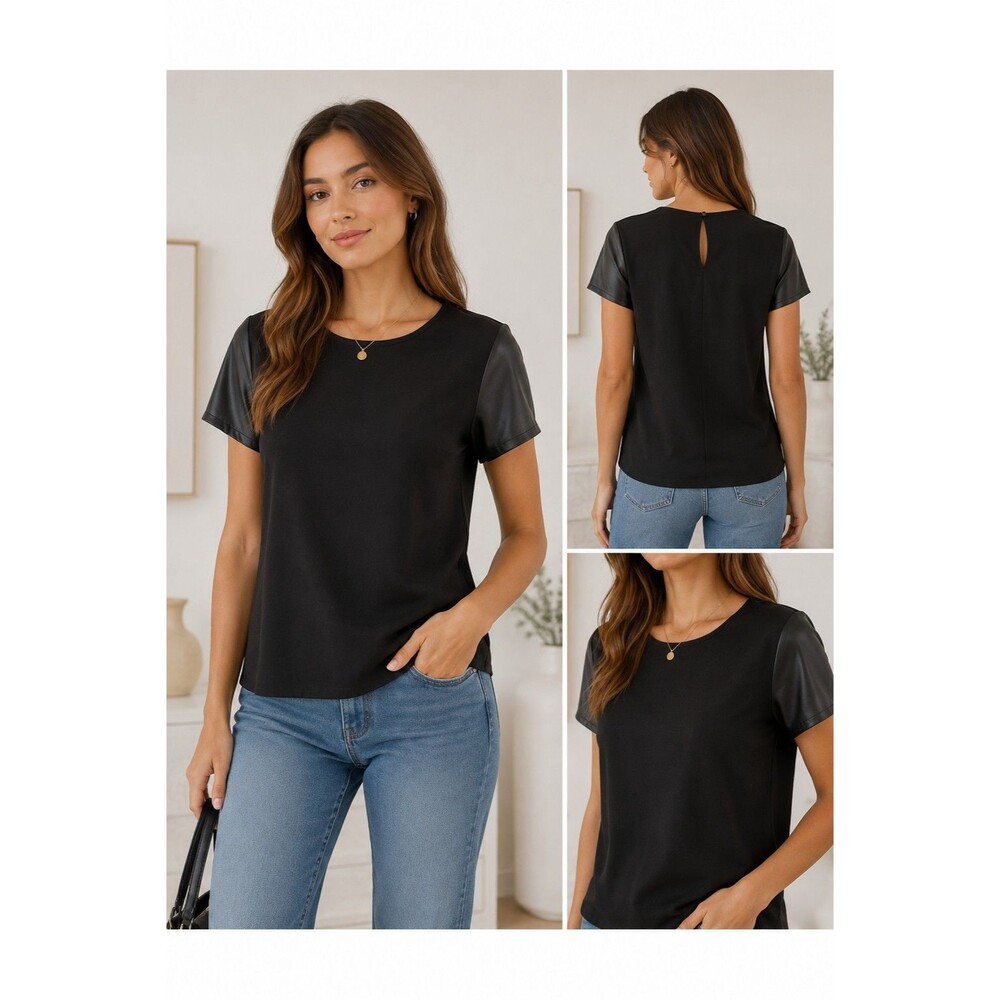 French Connection Black London Knits Mixed Media Size S Short Sleeves Women Top